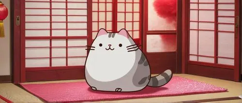 Red Pusheen, chubby cat, cute face, bright red fur, sparkly eyes, pink nose, fluffy ears, sitting, paws together, Japanese-style room, tatami mat, shoji screen, sliding door, traditional lantern, warm