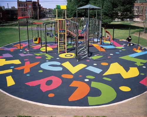 Invent a whimsical and colorful graffiti font for a children's playground mural.,outdoor play equipment,playground slide,children's playground,play yard,playground,play area,play tower,climbing wall,a