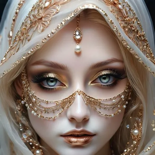 masquerade,venetian mask,gold filigree,gold foil mermaid,golden mask,drusy,fantasy portrait,realdoll,doll's facial features,faery,the carnival of venice,gold mask,porcelain dolls,filigree,golden eyes,fantasy art,artist doll,bridal accessory,faerie,priestess,Illustration,Realistic Fantasy,Realistic Fantasy 16