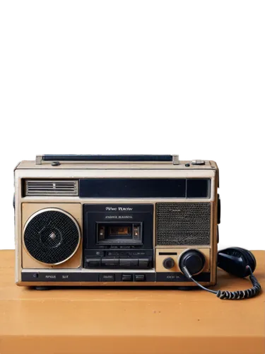 Old cassette player, bleached retro aesthetic, worn buttons, nostalgic vibe, dusty surface, old-school speaker grille, audio wires tangled, retro microphone nearby, morning sunlight, warm color tone, 