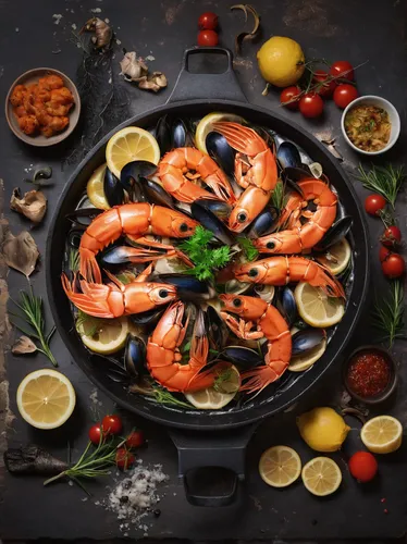 A mouthwatering seefood feast,paella,seafood platter,seafood in sour sauce,grilled prawns,freshwater prawns,seafood boil,pilselv shrimp,cast iron skillet,spanish cuisine,food photography,mediterranean