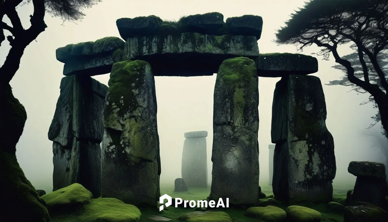 Ancient, mysterious, megalithic structures, stonehenge-inspired, rugged, earthy tones, moss-covered walls, crumbling arches, intricate carvings, ceremonial altars, torches, misty atmosphere, eerie lig