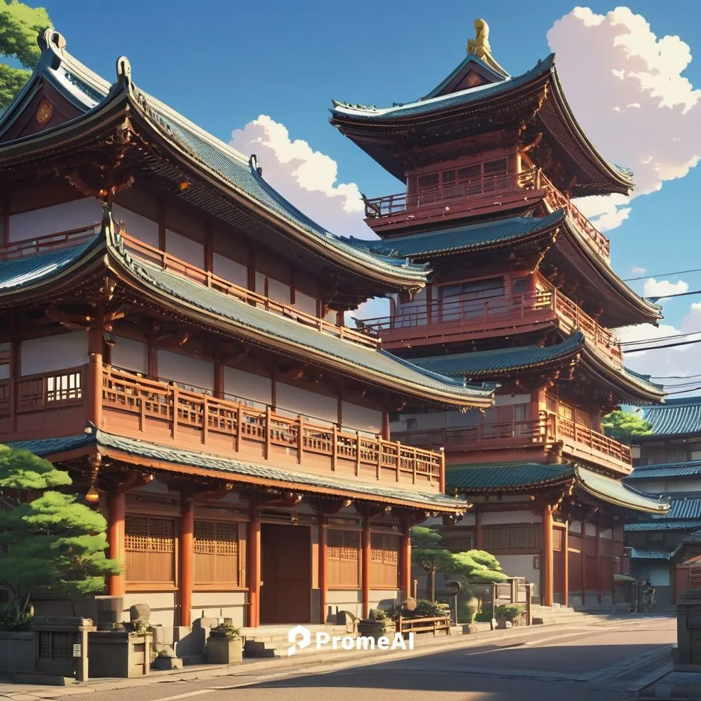 masterpiece, best quality, (Anime:1.4), scenery, Chinese architecture, simplified stylized structures, Studio Ghibli inspiration, game architecture design, cartoon aesthetic, rich lights and shadows, 