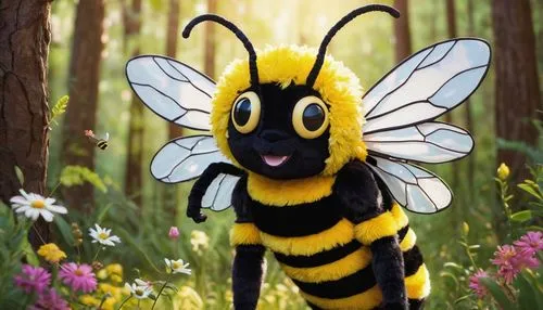 Insect fursuit, anthropomorphic, bee, yellow and black stripes, furry body, wings, antennae, smiling face, shiny eyes, colorful fur patterns, striped legs, standing, forest, flowers, greenery, sunbeam