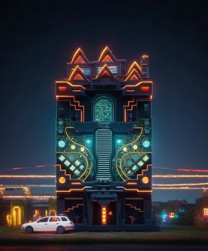 drive-in theater,electric tower,drive in restaurant,drive-in,cinema 4d,metropolis,electric gas station,movie palace,clock tower,palace,fantasy city,illuminated advertising,cyclocomputer,hotel riviera,