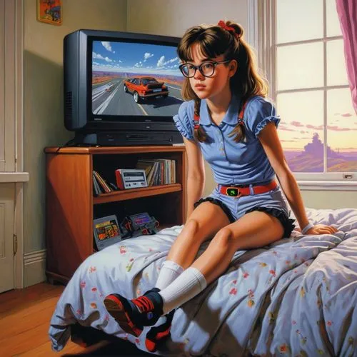 girl at the computer,retro girl,neo geo,neogeo,struzan,photorealist,computervision,programadora,videophone,sega genesis,super nintendo,sega mega drive,virtua,cinemaware,psygnosis,photorealism,videotex,telescreen,snes,retro eighties,Conceptual Art,Sci-Fi,Sci-Fi 21