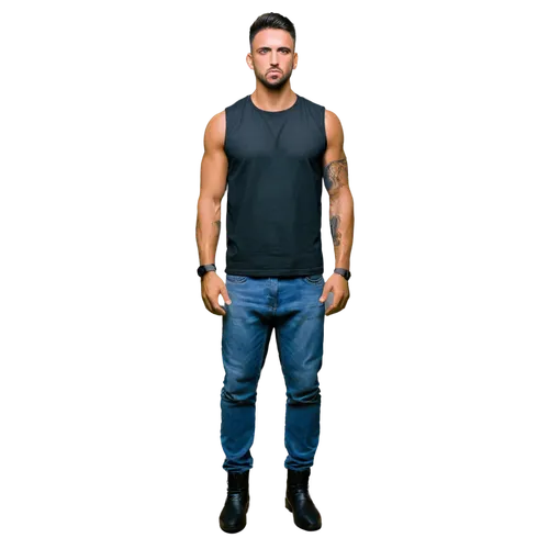 Muscular man, ikan lele, athletic build, short black hair, strong facial features, intense gaze, serious expression, tribal tattoos on arms and chest, ripped jeans, sleeveless shirt, black boots, conf