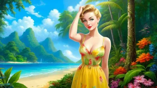 Romantic masterpiece oil painting, cute girl portrait, nostalgic 1950's style kitsch, vibrant rainforest landscape, lush tropical jungle paradise, summer beach cottage scenery, by Thomas Kinkade, by B