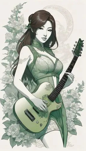 a girl holding a guitar standing in front of green plants,marceline,guitar,saria,greensleeves,saraswati,painted guitar,Illustration,Japanese style,Japanese Style 18