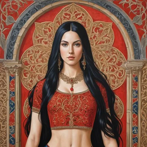 celtic queen,fantasy portrait,gothic portrait,seven sorrows,priestess,artemisia,zodiac sign libra,elven,mona lisa,cleopatra,jaya,arabian,the prophet mary,sacred art,portrait of christi,oriental princess,rosary,mulan,fantasy art,lotus with hands,Illustration,Realistic Fantasy,Realistic Fantasy 42