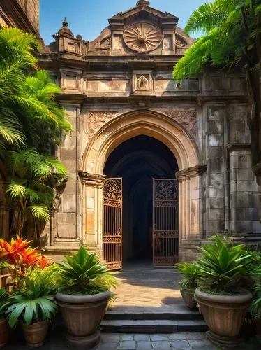 Intramuros historic walled city, Manila Cathedral, Baroque-style, ornate stone carvings, stained glass windows, grand entrance, intricate details, worn-out walls, rusty iron gates, tropical plants sur