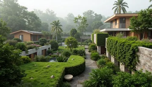 Vibrant green roofs, lush vegetation walls, natural stone facades, earthy tones, wooden accents, living walls, bio-inspired architecture, modern sustainable design, eco-friendly materials, renewable e