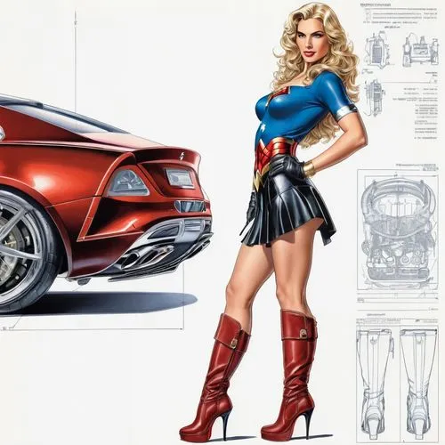 muscle car cartoon,super heroine,super woman,automotive design,super car,wonder woman city,dodge la femme,wonderwoman,super cars,costume design,superhero background,wonder woman,automobile racer,super hero,design of the rims,vector graphics,concept art,super,red super hero,birds of prey,Unique,Design,Blueprint