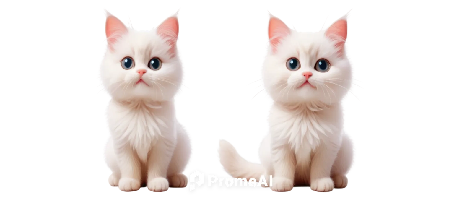 Cute kitten, white fur, pink nose, big round eyes, fluffy whiskers, sitting posture, front paws together, soft cotton-like texture, cartoonish style, colorful background, warm lighting, shallow depth 