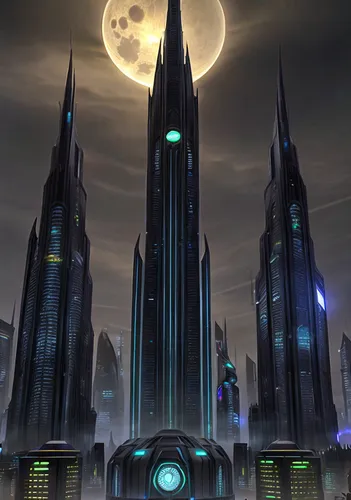 metropolis,black city,futuristic architecture,futuristic landscape,monolith,fantasy city,sky city,ancient city,cellular tower,arcanum,castle of the corvin,kadala,high-rises,concept art,electric tower,