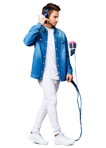 DJ, sound wave, headphones, young adult, male, short hair, casual wear, blue denim jacket, white T-shirt, skinny jeans, sneakers, dynamic pose, hand holding microphone, fingers pressing buttons, urban