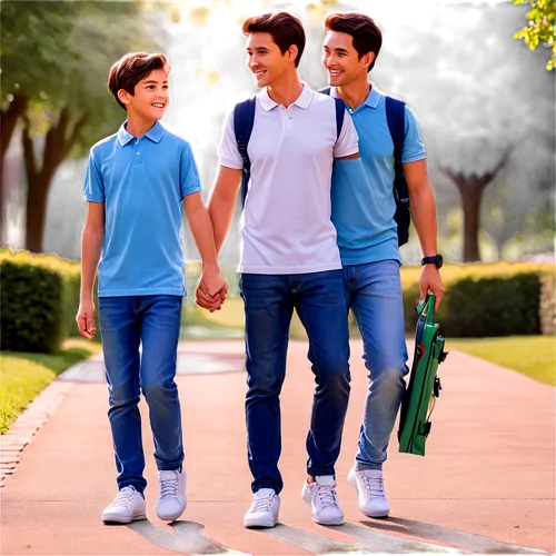 daddy, son, family portrait, smiling faces, happy eyes, casual clothing, polo shirt, jeans, sneakers, backpack, holding hands, standing back to back, walking together, warm sunlight, shallow depth of 