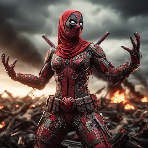 dead pool,deadpool,digital compositing,red super hero,red hood,pyro,photoshop manipulation,darth talon,superhero background,barb wire,wanda,spawn,webbing,widow spider,cosplay image,cancer icon,huntres