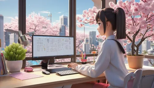 a teen girl room with a big window in front, the view is japanese cherry trees and city, in front of the window there is a big desk with a computer, plants, books, notebooks. on the computer screen th