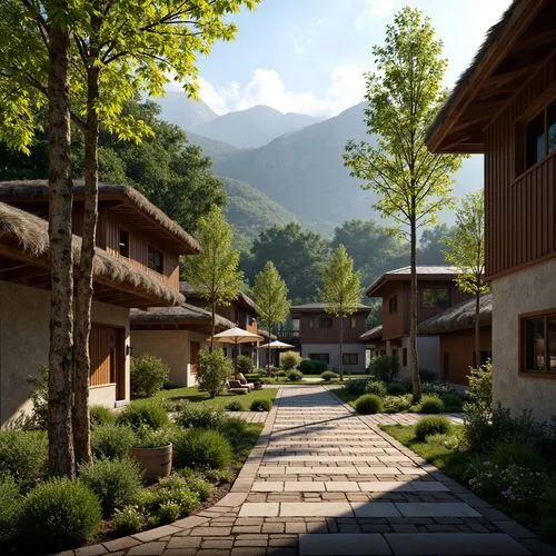 Rustic village, earthy tones, natural stone walls, wooden accents, thatched roofs, lush greenery, bamboo forests, misty mountains, warm sunlight, soft shadows, 1/1 composition, intimate focus, realist