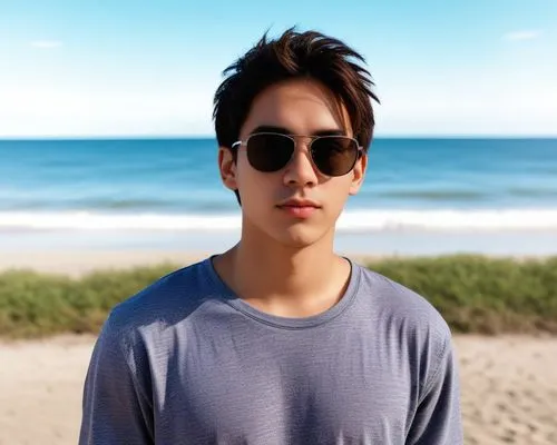 a young man wearing glasses on a beach ,junmin,weizhou,yong,junsu,cnu,jonghyun