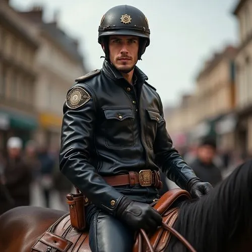 A handsome police officer, 30 years old, on a horse wearing leather pants and leather shirt, a helmet, with a large belt buckle with the name and logo of his department on it, in the city 


,a police