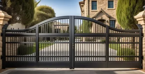 the masterful modern tudor gate with contemporary design is the perfect fit for a grand entrance gate made entirely of black coated steel. Within it, 2 single hinged openable shutters side by side.bac