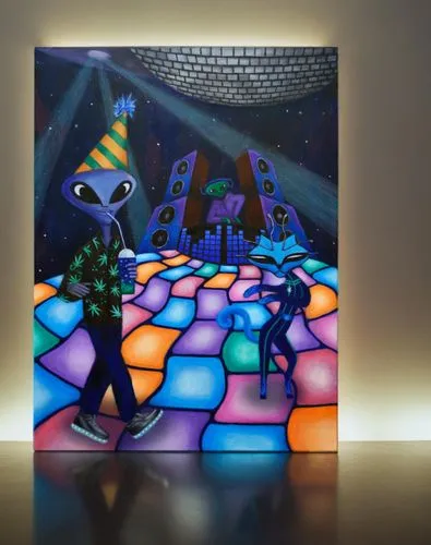 painting in the disco neon room,alebrije,epcot spaceship earth,abstract cartoon art,disco,digiart,zooropa,popmart,extraterrestrial,psychonauts,kokopelli,ufo interior,extraterrestrials,dichroic,martian