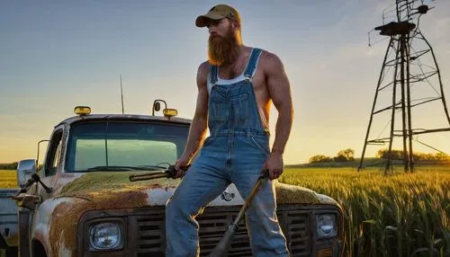 Redneck SpongeBob, solo, (30yo), messy blonde hair, thick beard, freckles, blue eyes, white tank top, ripped denim overalls, muddy boots, holding a fishing rod, standing in front of a rusty old pickup