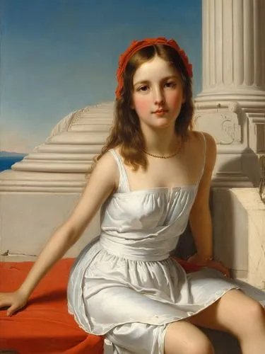 elegant girl in summer painted the way of French Painter jean-dominique Ingres,a painting of a woman in white dress sitting down,melpomene,perugini,hypatia,messalina,ariadne,cavatina,clytemnestra,cano