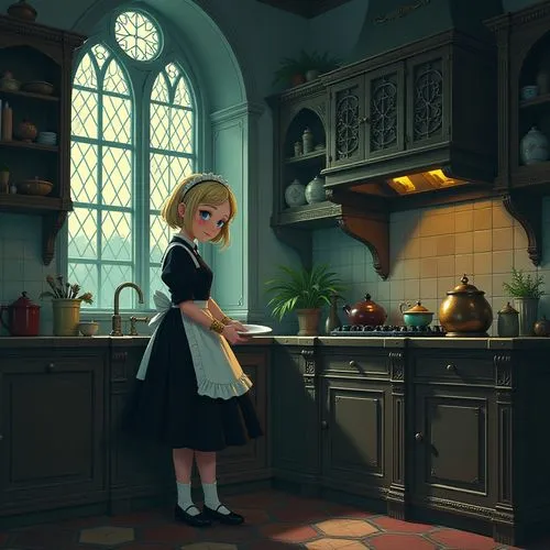 girl in the kitchen,victorian kitchen,the kitchen,star kitchen,kitchen,doll kitchen,Illustration,Children,Children 06