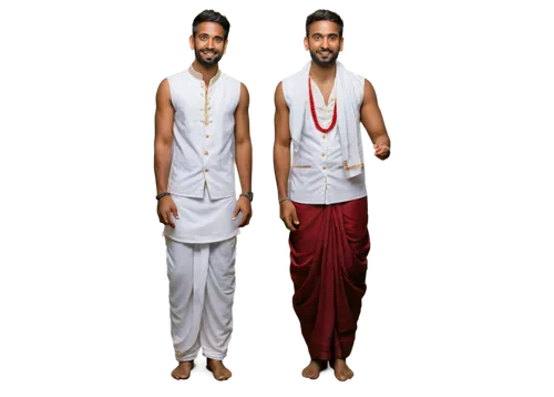 Indian man, Balaji, solo, (30yo), dark skin, strong facial features, short black hair, trimmed beard, golden earrings, white vest, red dhoti, bare feet, hands clasped together, standing, subtle smile,