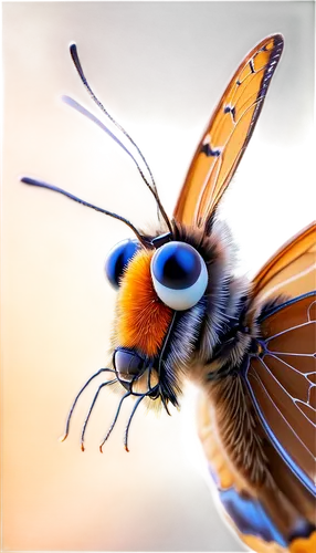 Delicate butterfly, colorful wings, macro shot, close-up face, compound eyes, antennae, proboscis, brown body, transparent wings, shiny surface, natural light, soft focus, bokeh background, shallow de