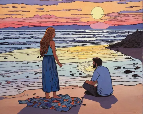 Picture Jelena Ristic finding true love on a peaceful beach at sunset.,romantic scene,painting technique,man at the sea,proposal,sea beach-marigold,rock painting,el mar,chalk drawing,honeymoon,sand ar