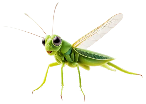 Mini grasshopper, green body, large eyes, long antennae, delicate wings, tiny legs, jumping pose, bright sunlight, shallow depth of field, warm color tone, cinematic lighting, close-up shot, 3/4 compo