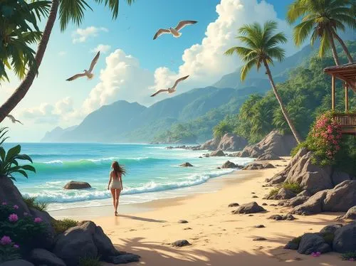 tropical beach,dream beach,beach scenery,beach landscape,tropical sea,beautiful beach,paradise beach,summer background,mountain beach,tropical island,beautiful beaches,idyllic,landscape background,paradises,ocean paradise,beach background,caribbean beach,summer day,hawaii,coconut trees,Photography,General,Realistic