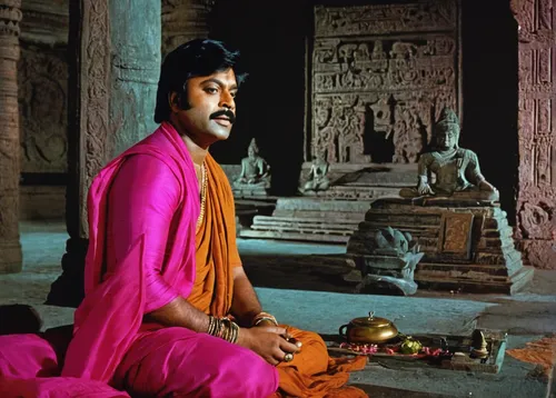 Compose a suspenseful scene where Chiranjivi uncovers a hidden treasure in an ancient temple.,rudra veena,indian musical instruments,bansuri,indian drummer,ramanguli,color image,saraswati veena,sarod,