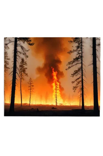 Wildfire, blazing flames, orange-yellow glow, smoke billowing upwards, trees engulfed in fire, burning trunks, scattered ashes, fiery sparks, intense heat waves, dramatic lighting, panoramic view, apo