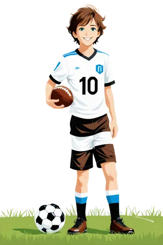 Happy birthday boy, holding football, smiling face, bright blue eyes, messy brown hair, white jersey with number 10, black shorts, shiny football boots, standing on green grass, sunny day, soft focus 