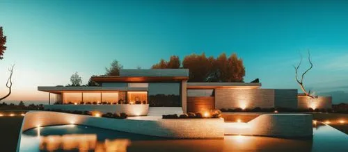 zen glass bricks natural stone concrete garden trees wood park landscape sunlight blue sky night view Spotlights night view summer manoir villa people,a house with lighting inside and outside in the e