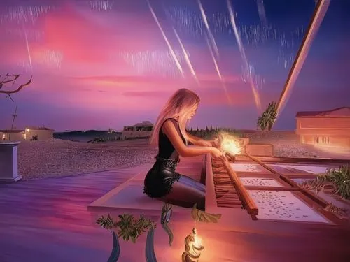 fantasy picture,digital compositing,shooting star,night scene,romantic night,evening atmosphere,dusk background,night sky,world digital painting,meteor shower,sky rose,lights serenade,nightsky,starry sky,stargazing,romantic scene,shooting stars,nightscape,starlight,the night sky,Illustration,Paper based,Paper Based 04