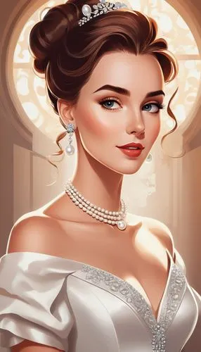 Glamour woman portrait, sophisticated styling, pearl jewelry, elegant pose, luxurious setting, portrait photography,a beautiful woman in a dress with pearls,bridewealth,the bride,bridal,maxon,bridal j