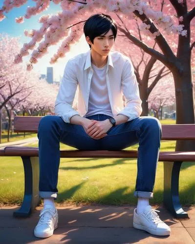 japanese sakura background,sakura background,takato cherry blossoms,man on a bench,the cherry blossoms,umehara,cherry blossoms,spring background,chidori is the cherry blossoms,springtime background,park bench,cold cherry blossoms,hanami,cherry blossom,bench,eiji,yobi,sakurai,sits on away,sakura blossom,Illustration,Paper based,Paper Based 18