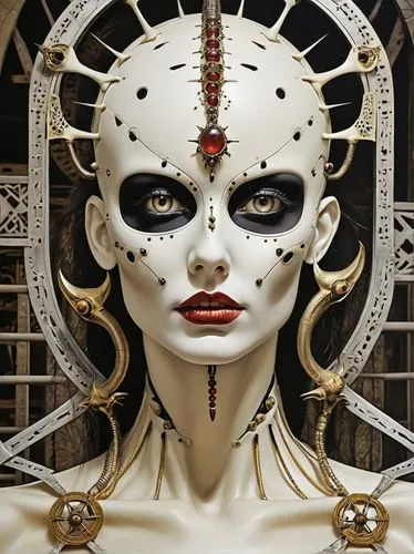 voodoo woman,biomechanical,venetian mask,priestess,the carnival of venice,masquerade,calavera,humanoid,masque,shamanic,clockwork,golden mask,calaverita sugar,gothic portrait,streampunk,pierrot,marionette,the enchantress,scull,catrina calavera,Illustration,Retro,Retro 18