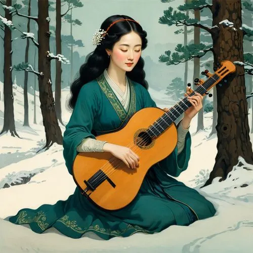 guqin,classical guitar,lutenist,gayageum,theorbo,woman playing,lutenists,guzheng,yiping,shamisen,chansonnier,yanzhao,dulcimer,takamine,woman playing violin,jianying,zhuyin,dowland,zhiyuan,jiaying,Illustration,Retro,Retro 07