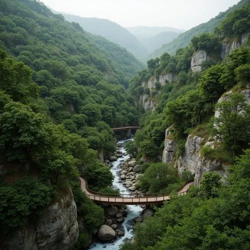 Sweeping hills, lush green forests, meandering streams, rustic wooden bridges, natural stone walls, curved lines, organic forms, earthy tones, blending boundaries, seamless transitions, harmonious coe