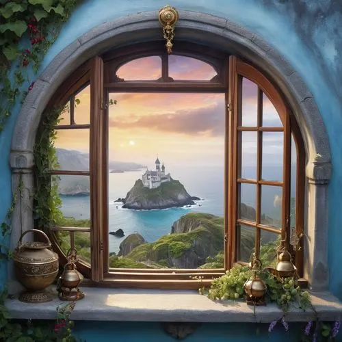 fantasy picture,rapunzel,window with sea view,fantasy landscape,window to the world,an island far away landscape,neverland,sea fantasy,isole,fairy tale castle,windows wallpaper,fairy door,landscape background,greek island door,the window,arcona,cartoon video game background,azamara,deltora,window,Photography,General,Realistic