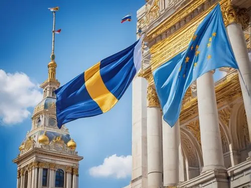 National flag, waving gently, fluttering in the wind, vibrant colors, intricate designs, golden embroidery, silky smooth fabric, rectangular shape, pole attached, standing upright, city hall, governme