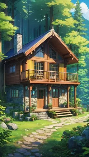 house in the forest,summer cottage,the cabin in the mountains,house in the mountains,forest house,house in mountains,small cabin,wooden house,cottage,house with lake,log cabin,log home,little house,butka,small house,house by the water,ghibli,cabin,home landscape,lodge,Illustration,Japanese style,Japanese Style 03