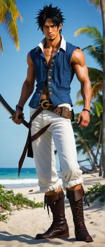 Male, muscular, One Piece inspired, pirate, solo, (25yo), spiky black hair, scar above left eyebrow, white shirt, open chest, blue vest, torn pants, brown boots, sword on back, confident stance, stand